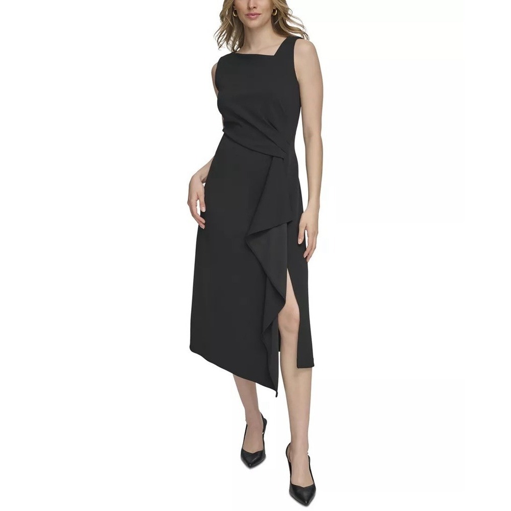 Calvin Klein Black Sleeveless Knee Length Dress Asymmetrical Neck Ruched 10 LBD